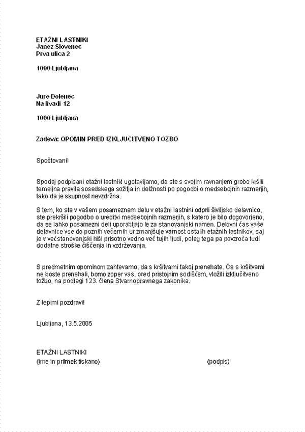 Vzorec opomina pred izključitveno tožbo