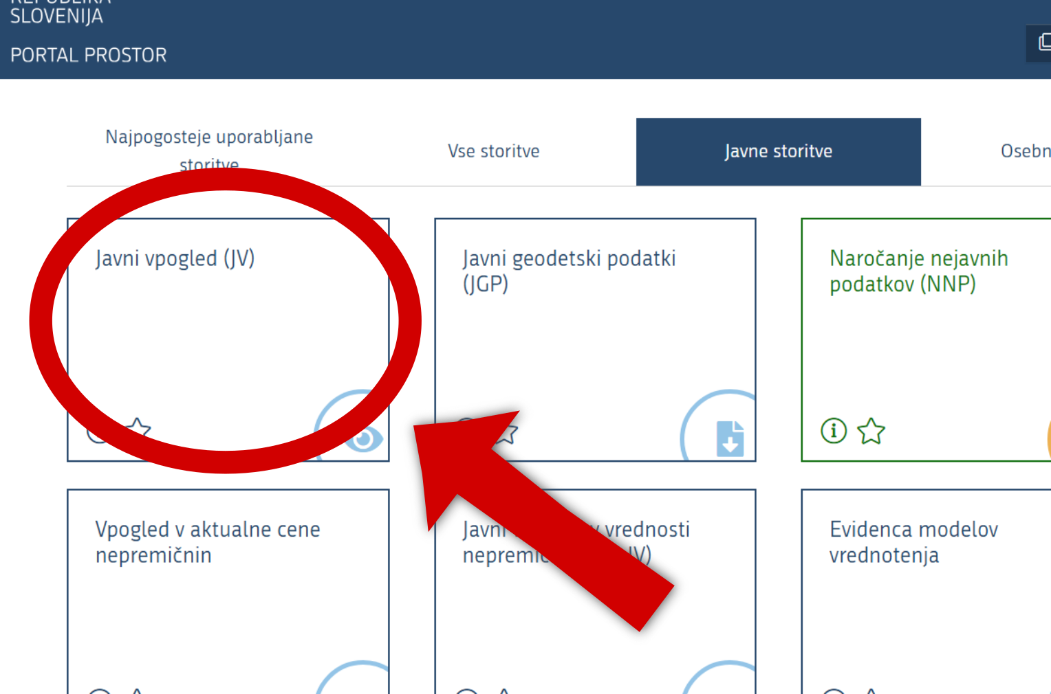 Na vstopni strani portala izberete Javni vpogled (JV)